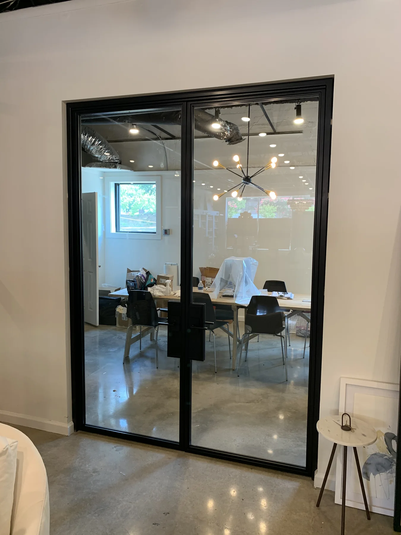 Black steel-and-glass double office doors with slim divided-light frames